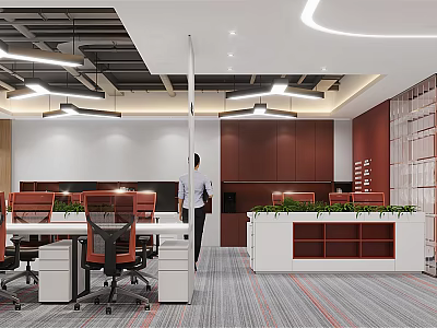Modern Public Office Space Interior With Workstations Ergonomic Chairs Green Plants And Ceiling Lighting 3d model