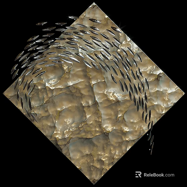 Building Exterior Wall With Textured Stone Surface And Dynamic Metal Decorative Strips 3d model