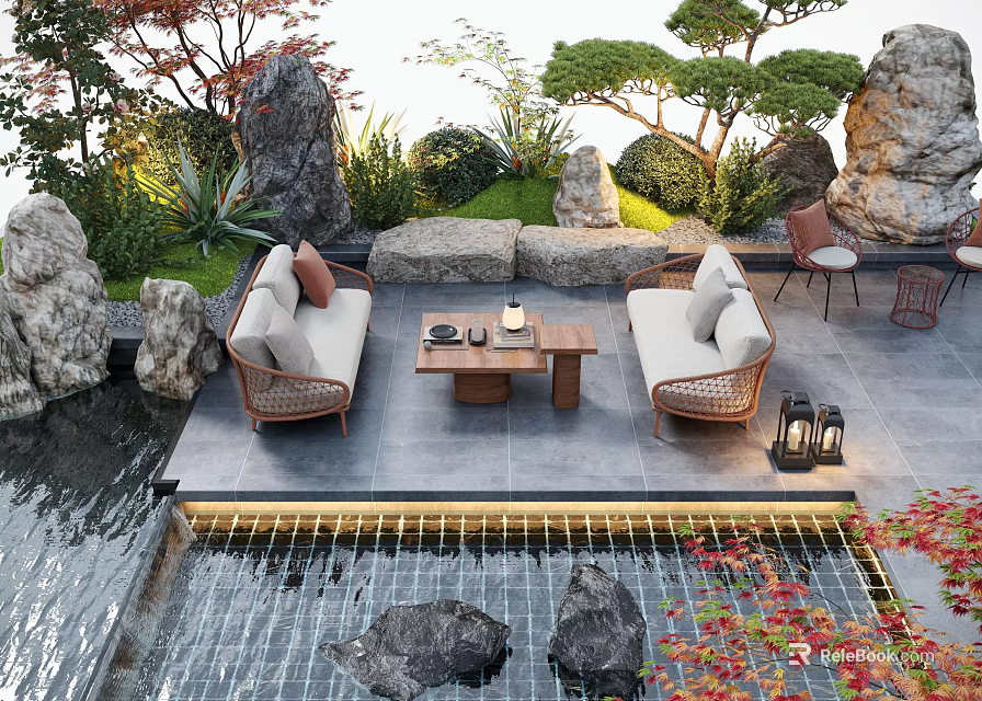 Serene Garden With Water Pool Stones Wicker Sofas Wooden Coffee Table Lanterns And Green Plants 3d model 