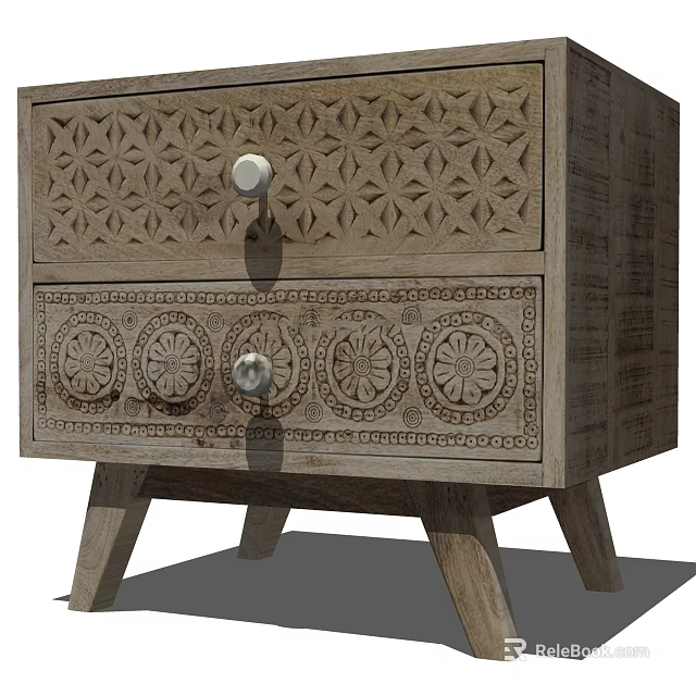 Carved Wooden Bedside Table With Decorative Patterns White Knobs And Legs 3d model