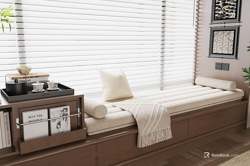 Cozy Bay Window Cabinet Interior With White Blinds Soft Pillow Throw Blanket And Wooden Storage 3d model 