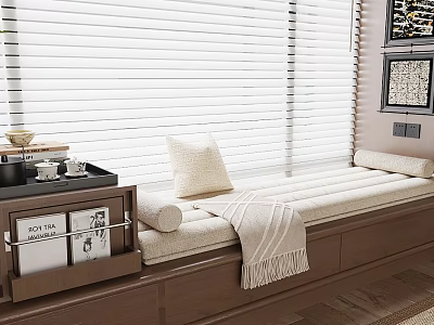 Cozy Bay Window Cabinet Interior With White Blinds Soft Pillow Throw Blanket And Wooden Storage 3d model