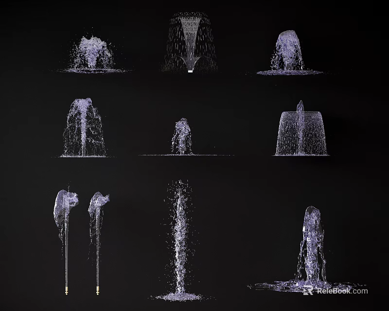 Various Water Fountain Designs With Different Spray Patterns And Water Shapes 3d model