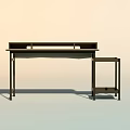 Modern Home Office Desk With Wooden Tabletop Black Metal Frame And Side Storage Shelf