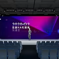 Professional Conference Meeting Room With Large Screen Stage Speaker And Audience Chairs