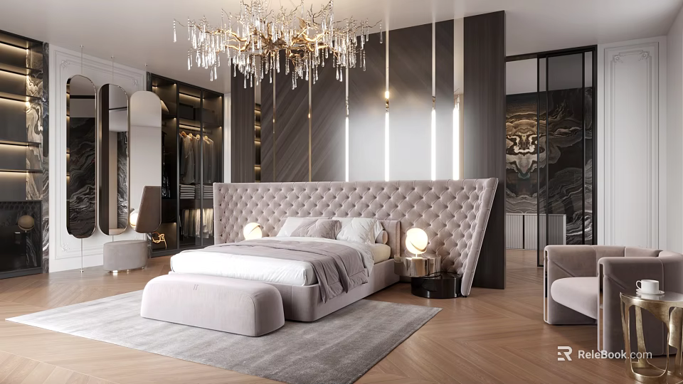 Luxurious Bedroom Interior Design With Beige Tufted Headboard Crystal Chandelier And Gray Rug 3d model 