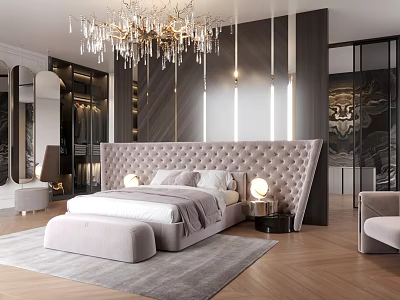 Luxurious Bedroom Interior Design With Beige Tufted Headboard Crystal Chandelier And Gray Rug 3d model