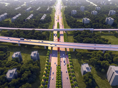 Scenic Municipal Road With Lush Green Belts Overpasses Moving Vehicles And Surrounding Buildings 3d model