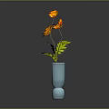 Orange Flowers With Green Leaves In Blue Vase On Dark Reflective Surface