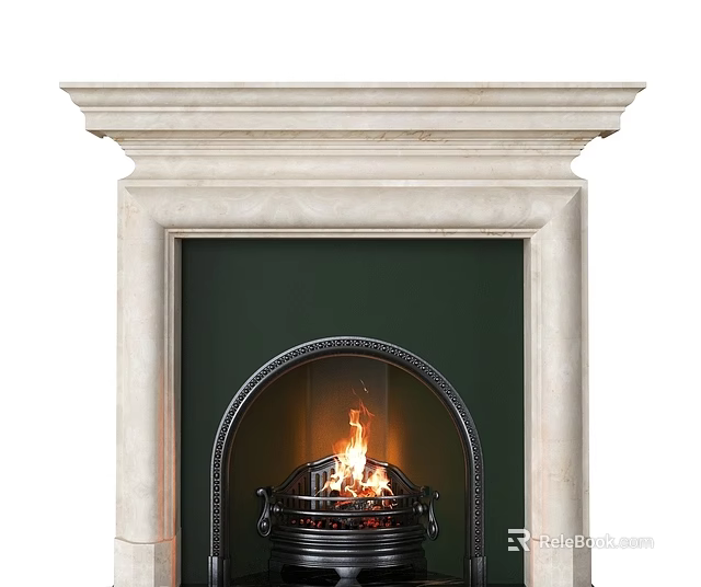 Classic Marble Surround Fireplace With Black Metal Frame And Burning Fire 3d model 
