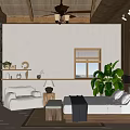Rustic Hotel Room Interior With Wooden Ceiling Stone Wall Ceiling Fan And Green Plant