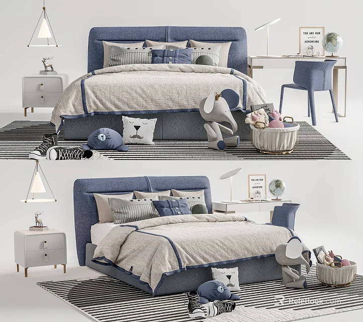 Kids Bed With Blue Headboard Soft Quilt Pillows Stuffed Elephant And Table Lamp 3d model 