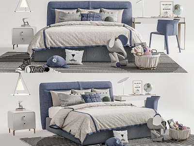 Kids Bed With Blue Headboard Soft Quilt Pillows Stuffed Elephant And Table Lamp 3d model