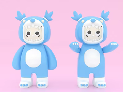 Cute Blue Cartoon Dolls With White Belly And Horns On Pink Background 3d model
