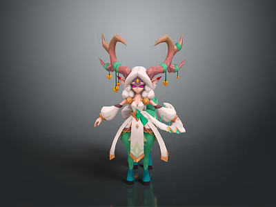 Mythical Character Design With Deer Antler Bell Ornaments And Flowing White Green Outfit 3d model