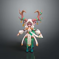 Mythical Character Design With Deer Antler Bell Ornaments And Flowing White Green Outfit