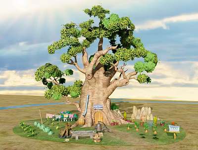 Arbor Tree with Thick Trunk Lush Canopy Small House Plants Tools Under River and Sky 3d model