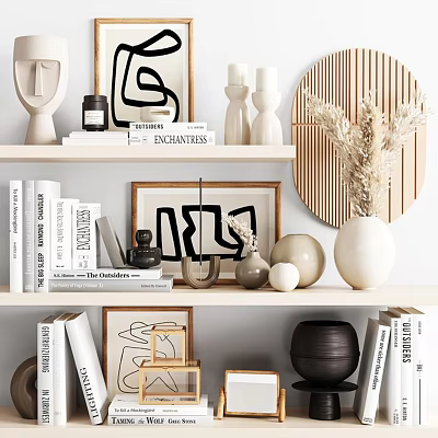 Stylish Decorative Ornament Set With Abstract Sculptures Ceramic Vases Decorative Books And Geometric Prints 3d model