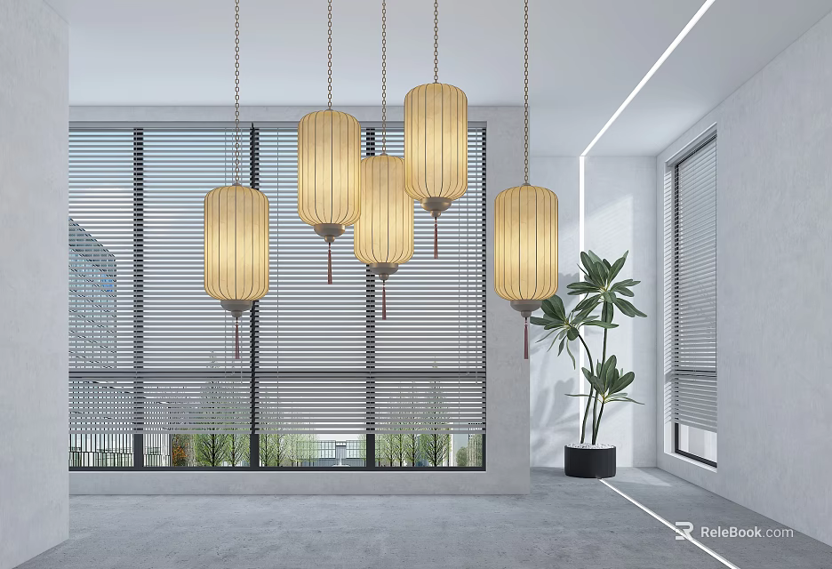 Cream Colored Fabric Lanterns Hanging In Modern Interior With Large Windows And Green Plant 3d model 