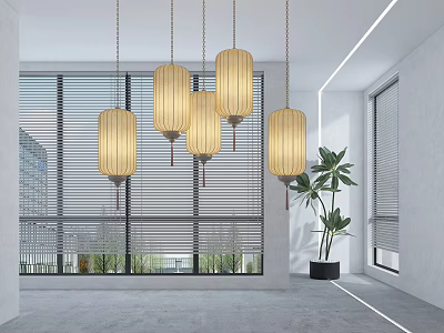 Cream Colored Fabric Lanterns Hanging In Modern Interior With Large Windows And Green Plant 3d model