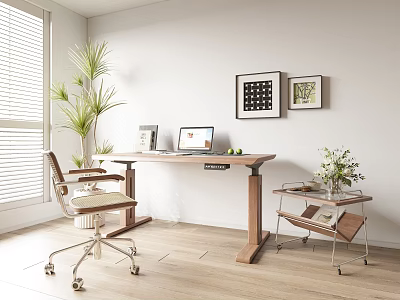 Modern Wooden Office Desk With Laptop Office Chair Potted Plant And Framed Artworks By Window 3d model