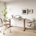 Modern Wooden Office Desk With Laptop Office Chair Potted Plant And Framed Artworks By Window