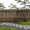 Serene Garden Stepping Stones Path With Bamboo Fence Small Pond And Stone Lanterns