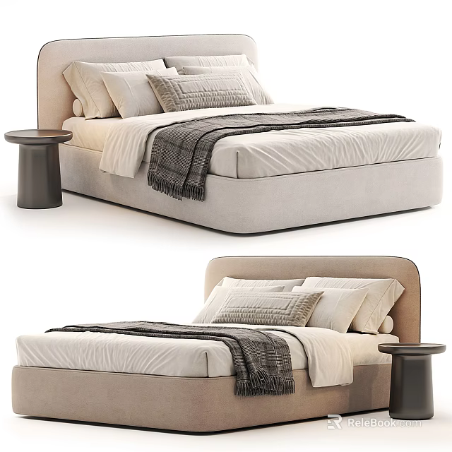 Modern Double Bed Interior With Upholstered Headboard Pillows Throw Blanket And Side Nightstand 3d model 