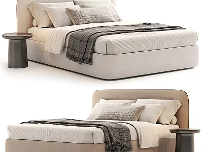 Modern Double Bed Interior With Upholstered Headboard Pillows Throw Blanket And Side Nightstand 3d model