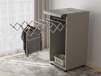 Gray Clothes Hanger with Drawer Top Grid Foldable Hanging Rod and Bottom Wheeled Basket 3d model