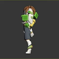 Game Movie Character Orange Haired Green Eyed In Blue Gray Overalls With Floating Green Cubes