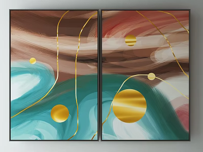 Two Panel Abstract Paintings With Golden Lines Circles And Vibrant Colors 3d model