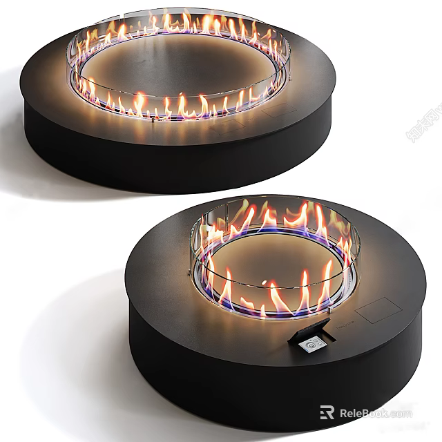 Modern Black Circular Fireplace with Flaming Center and Sleek Design 3d model 