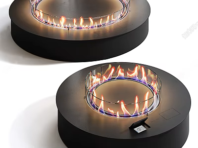 Modern Black Circular Fireplace with Flaming Center and Sleek Design 3d model