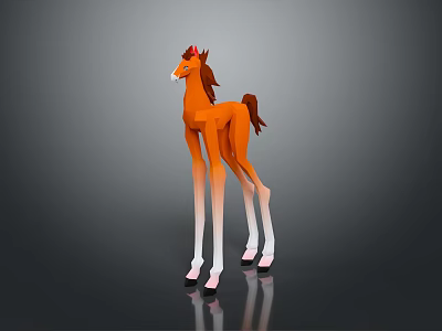 Low Poly Style Brown Pony with White Legs Red Mane Standing on Black Background Reflection 3d model