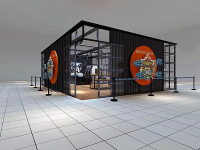 Modern Black Container Clothing Store With Glass Windows Orange Logo And Surrounding Railings 3d model