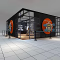 Modern Black Container Clothing Store With Glass Windows Orange Logo And Surrounding Railings