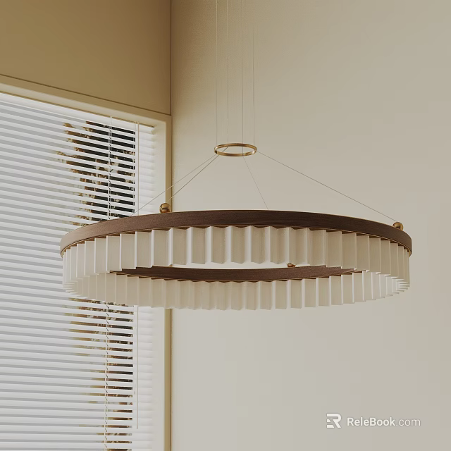 Stylish Circular Wooden Chandelier with White Slats Hanging in Room Corner by Window Blinds 3d model 