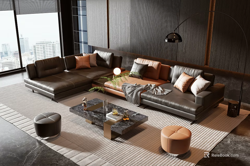 Modern Leather Sofa Coffee Table Combination With Pillows Rug And Floor Lamp 3d model 