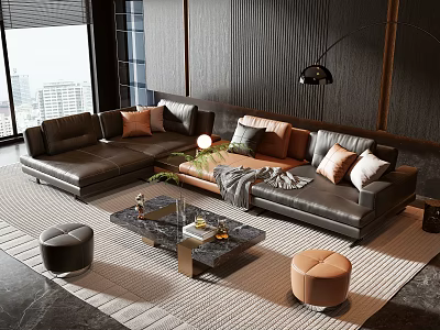 Modern Leather Sofa Coffee Table Combination With Pillows Rug And Floor Lamp 3d model