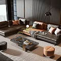 Modern Leather Sofa Coffee Table Combination With Pillows Rug And Floor Lamp
