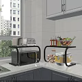Efficient Kitchen Utensils Display with Microwave Rice Cooker Toaster Jars on Shelf and Light Countertop
