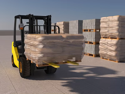 Yellow Forklift Handling Wrapped Goods Near Stacked Bricks In Warehouse 3d model