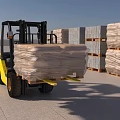 Yellow Forklift Handling Wrapped Goods Near Stacked Bricks In Warehouse