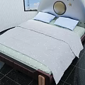 Rocket Shaped Kids Bed With Red White Headboard Blue Pillows And Grey Dotted Sheets