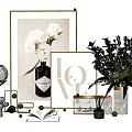 Home Decorative Accessory Set With Golden Frame Cotton Art Black Bottle LOVE Sign White Flowers
