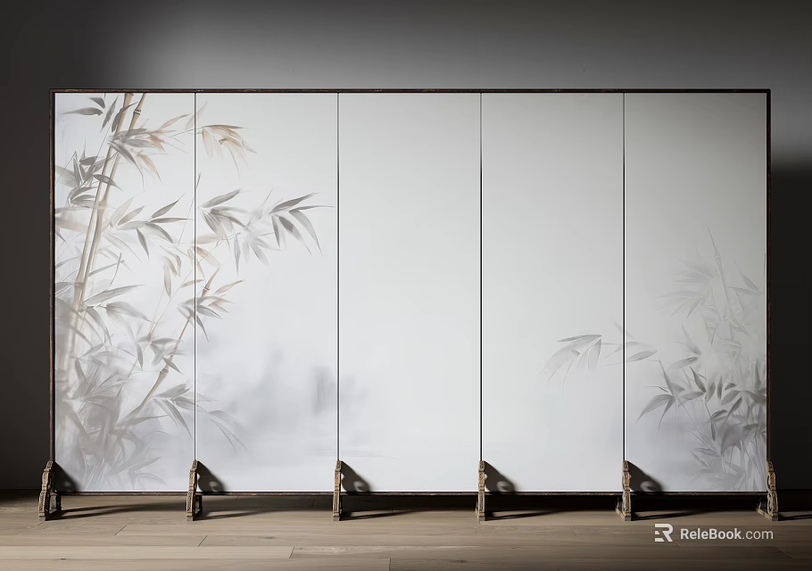 Translucent Decorative Screen With Bamboo Pattern And Wooden Stands For Modern Interior 3d model
