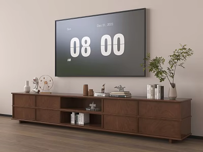 Modern Wooden TV Stand With Storage Drawers Books And Decorative Plants 3d model