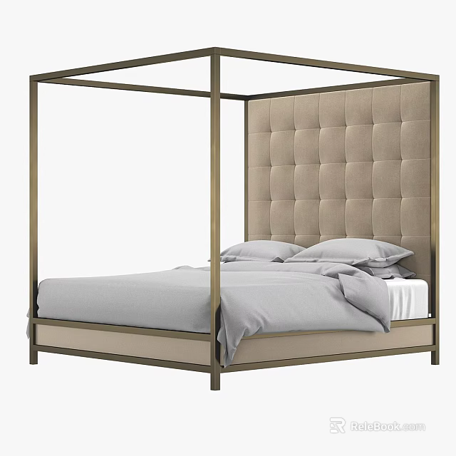 Modern Tufted Headboard Bed Frame With Metal Structure And Gray Bedding 3d model 