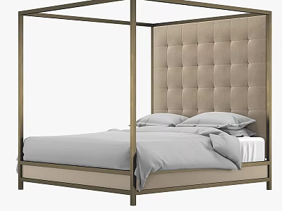 Modern Tufted Headboard Bed Frame With Metal Structure And Gray Bedding 3d model